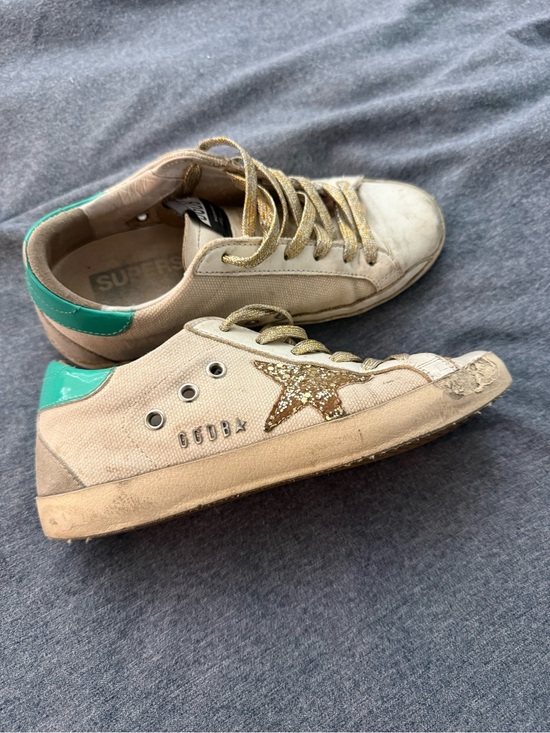 Golden Goose Shoes - Golden Goose Beige Canvas Sneakers with Gold Glitter Star and Green Heel